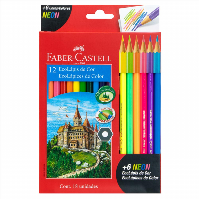 CRAYON DE MADERA FABER CASTELL 120112+6N 12 COL. LARGO HEX. + 6 NEON (72)