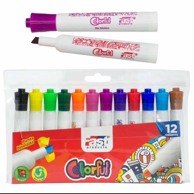 MARCADORES EN ESTUCHE FAST 12 COL. JUMBO PUNTA BISELADA (48)