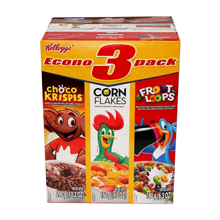 Cereal 3 pack froot loops, corn flakes, choco krispis Kelloggs 620 g