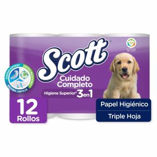 Papel Higiénico Scott Cuidado Completo Triple Hoja 12 Rollos