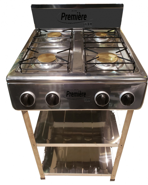 Estufa a gas con pedestal y 2 entrepaños de 4 hornillas